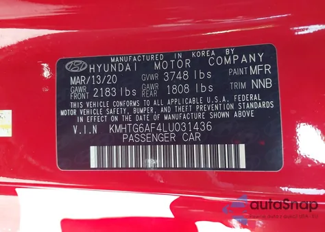 2020 Hyundai Veloster 2.0 Premium из США, поврежденный, VIN KMHTG6AF4LU031436